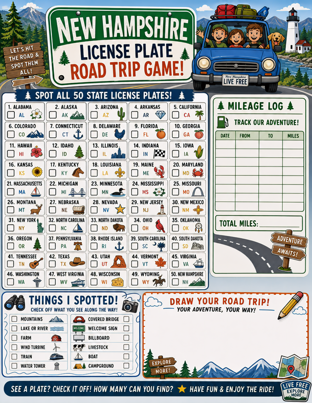 New Hampshire License Plate Game Printable, All 50 States Plus Mileage Log