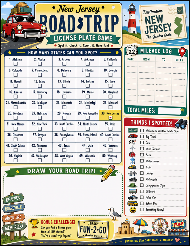 New Jersey License Plate Game Printable, Beaches to Boardwalk