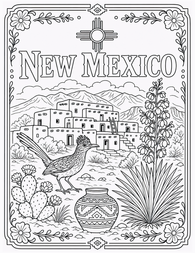 New Mexico Coloring Page, Roadrunner, Pueblo, and Zia Sun