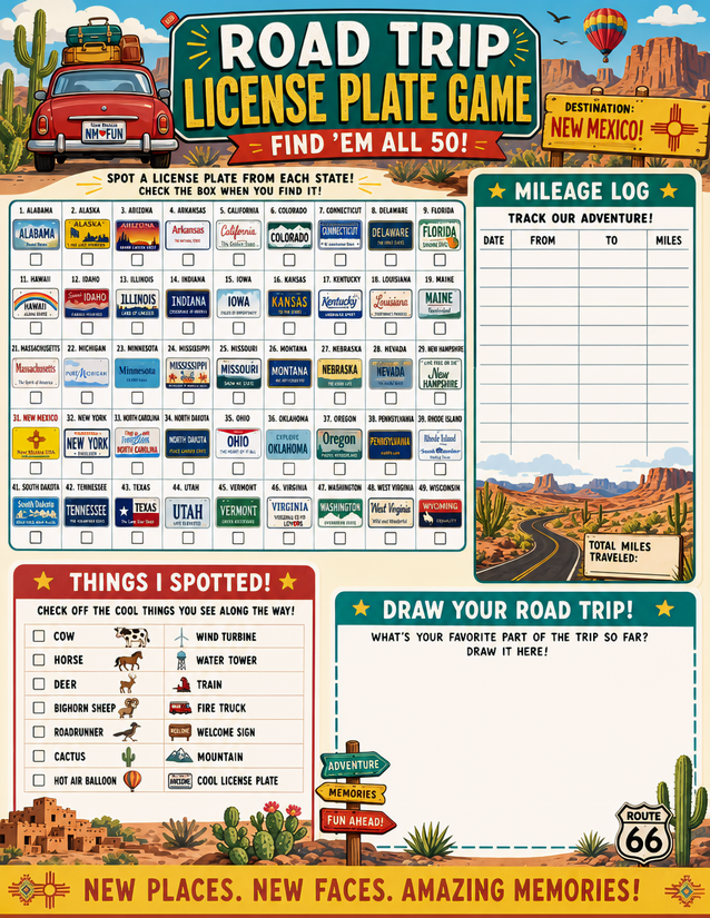 New Mexico License Plate Game Printable, All 50 States Plus Mileage Log