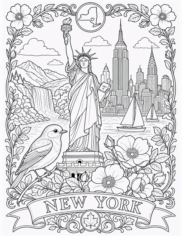New York Coloring Page, Statue of Liberty and NYC Skyline