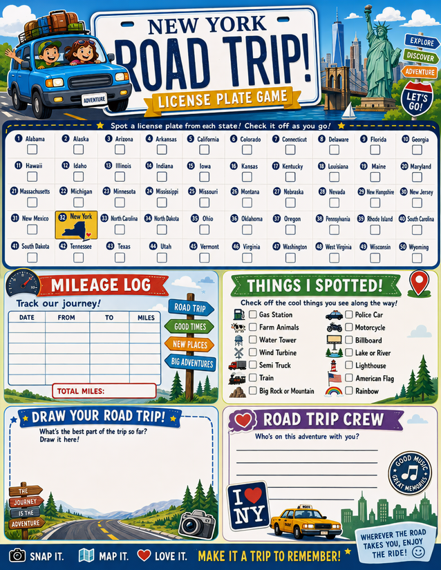 New York License Plate Game Printable, With Mileage Log and Drawing Space