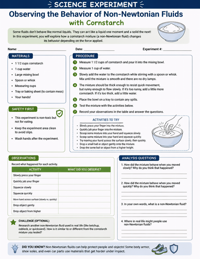 Non-Newtonian Fluids with Cornstarch Lab Sheet