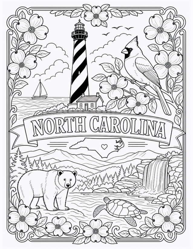 North Carolina Coloring Page, Lighthouse, Cardinal, and Black Bear