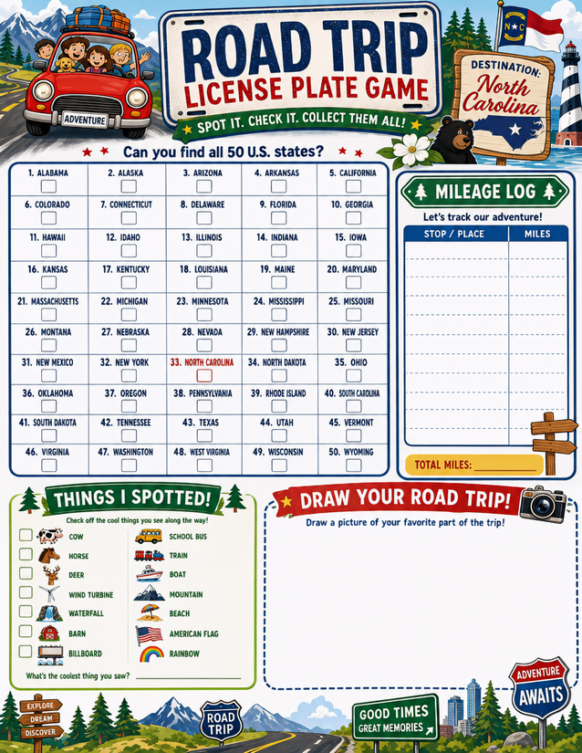 North Carolina License Plate Game Printable, All 50 States Plus Mileage Log