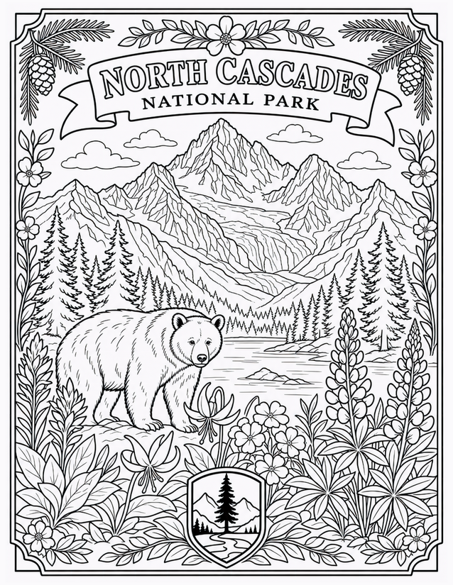 North Cascades National Park Coloring Page, Bear and Alpine Wildflowers