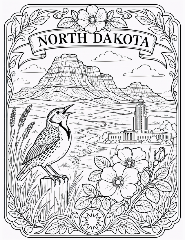 North Dakota Coloring Page, Meadowlark, Buttes, and Wild Prairie Rose