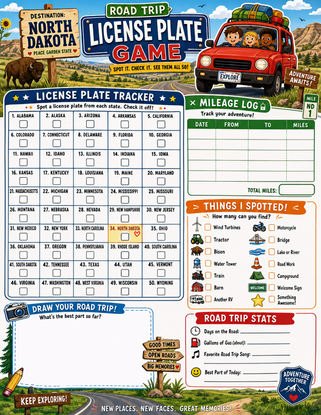 North Dakota License Plate Game Printable, All 50 States Plus Mileage Log