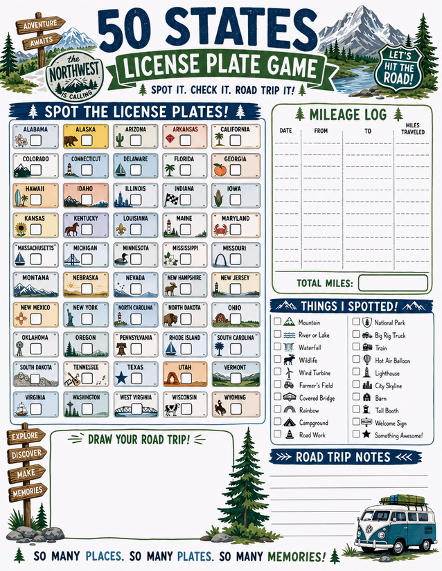 Northwest Road Trip License Plate Game, Four Sections One Sheet
