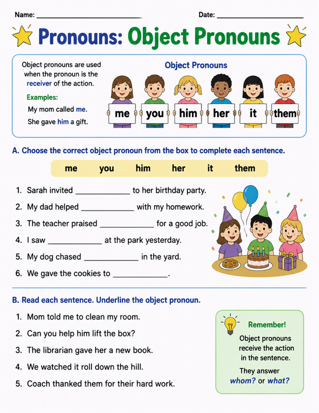 Object Pronouns Worksheet, Fill-In and Underline Practice