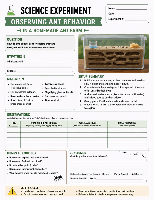 Observing Ant Behavior in a Homemade Ant Farm, Science Lab Sheet