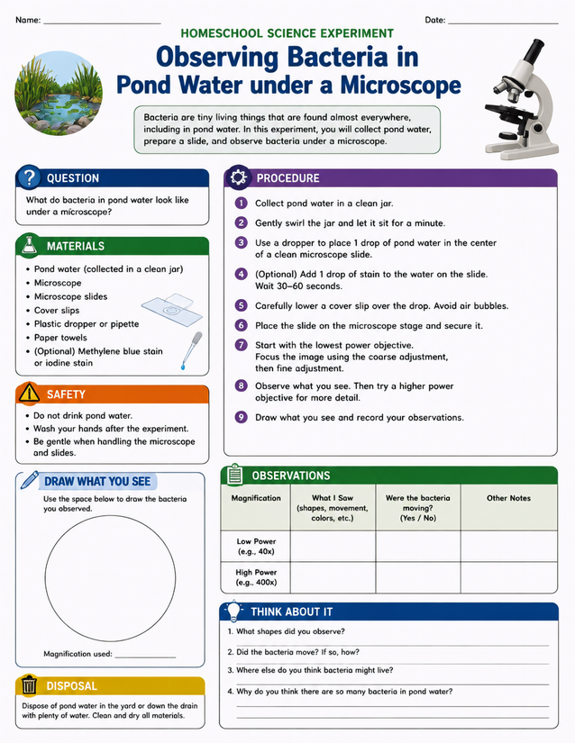 Observing Bacteria in Pond Water Under a Microscope Lab Sheet
