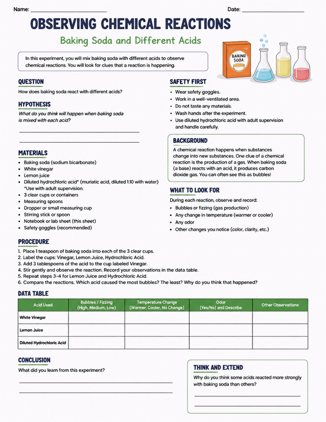 Observing Chemical Reactions Baking Soda and Different Acids