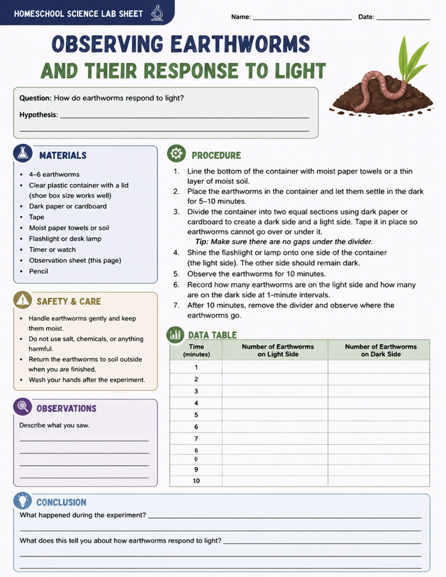 Observing Earthworms and Their Response to Light Lab Sheet