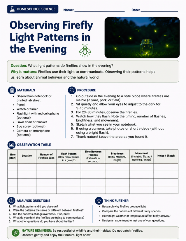 Observing Firefly Light Patterns, Evening Field Study Sheet