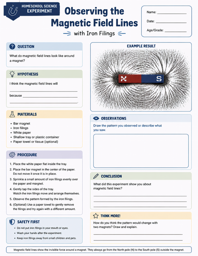 Observing Magnetic Field Lines with Iron Filings, Homeschool Lab Sheet