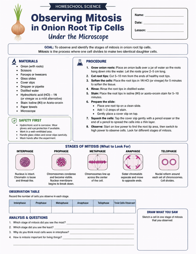 Observing Mitosis in Onion Root Tip Cells, Stages Chart Included