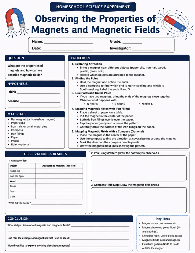 Observing Properties of Magnets and Magnetic Fields Lab Sheet