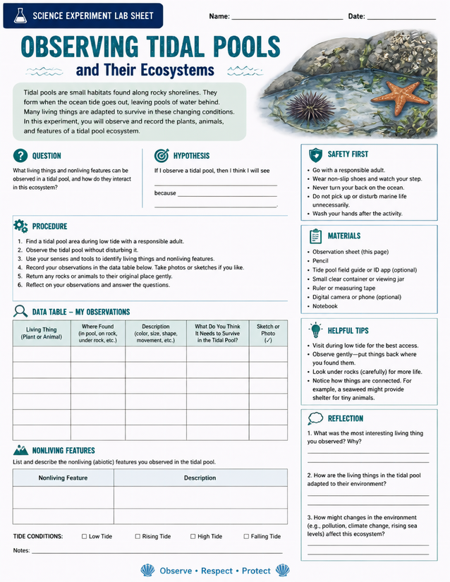 Observing Tidal Pools Lab Sheet, Rocky Shoreline Ecosystem