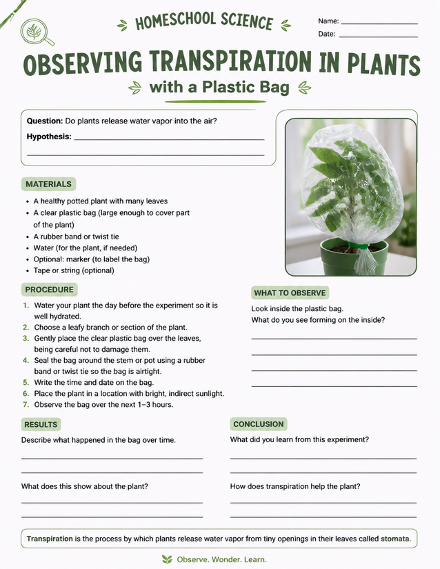 Observing Transpiration in Plants Lab Sheet, Plastic Bag Method