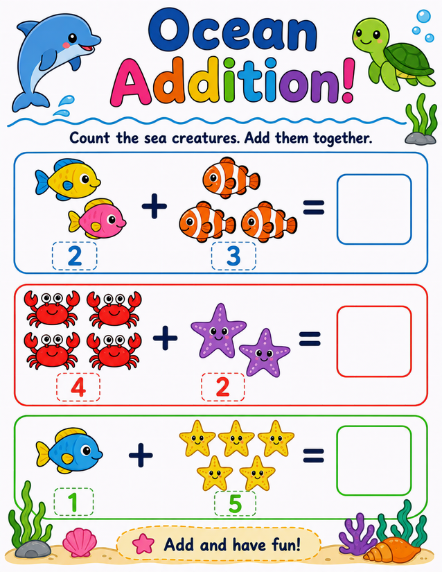 Ocean Addition Worksheet, Fish, Crabs, and Sea Stars