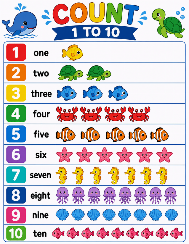 Ocean Count 1 to 10 Worksheet, Sea Creatures from Fish to Crabs