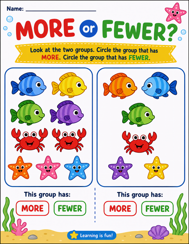 Ocean More or Fewer Worksheet, Fish, Crabs, and Starfish