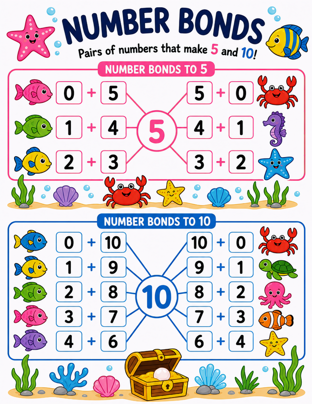 Ocean Number Bonds Worksheet, Bonds to 5 and 10