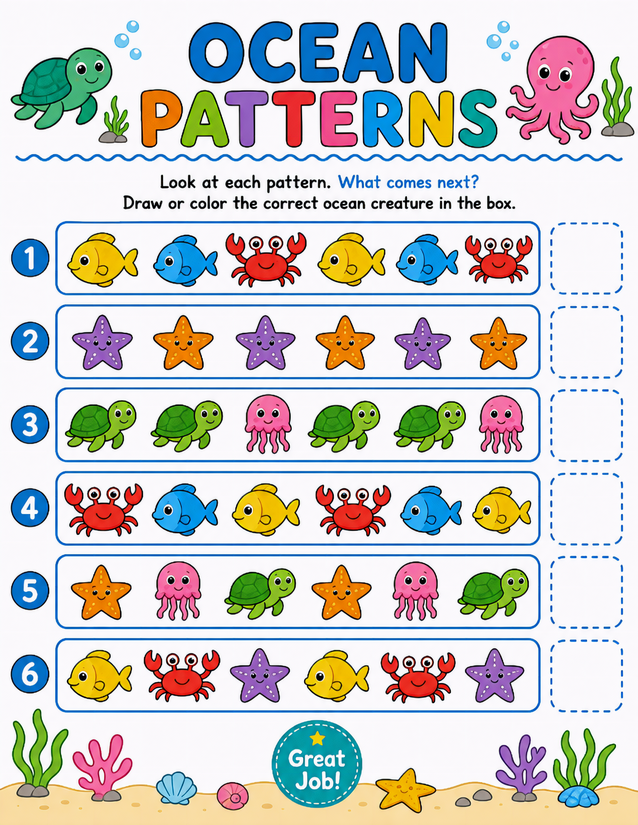 Ocean Patterns Worksheet, Six Rows of Sea Creatures