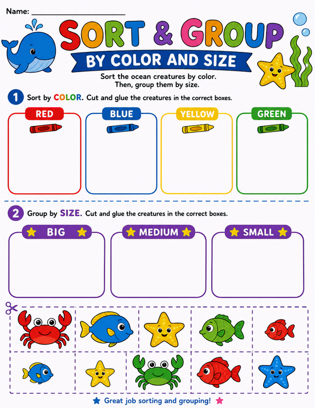 Ocean Sort and Group Worksheet, Color and Size Sorting