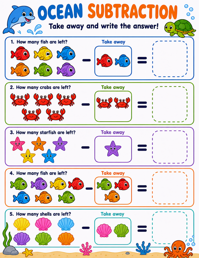 Ocean Subtraction Worksheet, Five Sea Creature Problems
