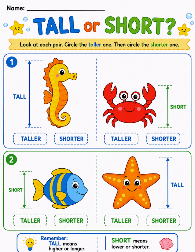 Ocean Tall or Short Worksheet, Seahorse, Crab, Fish, and Starfish