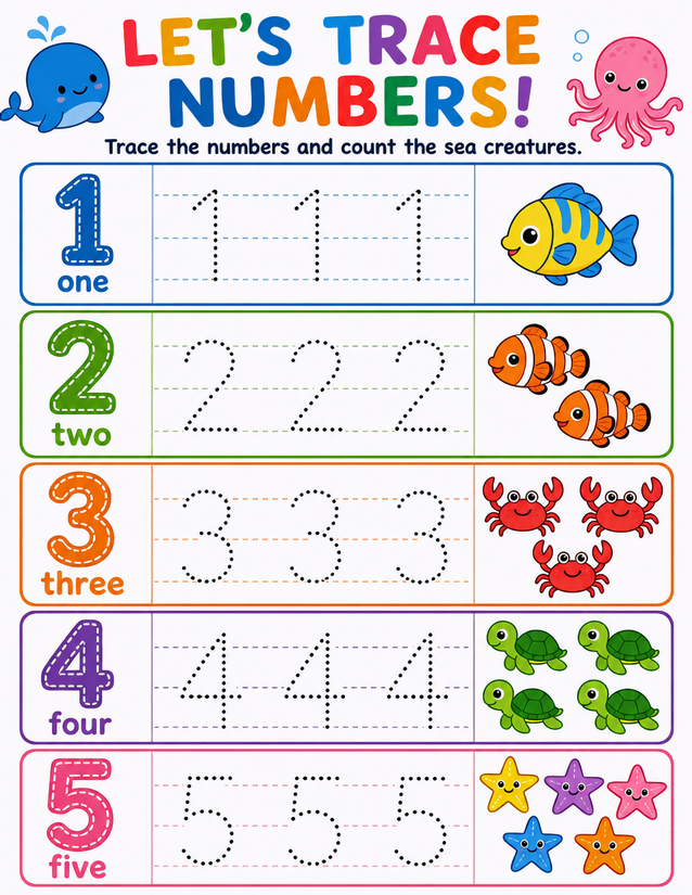 Ocean Trace the Numbers Worksheet, 1 to 5 With Sea Creatures