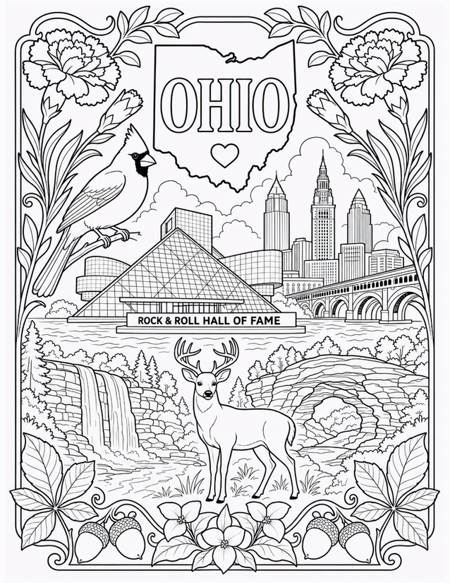 Ohio Coloring Page, Cardinal, Deer, and Rock Hall Skyline
