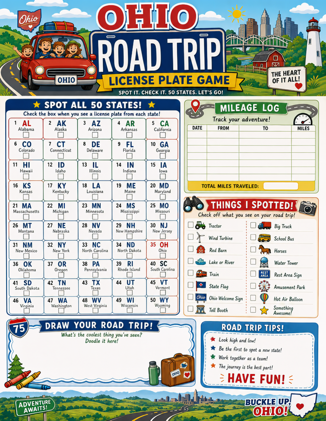 Ohio License Plate Game Printable, All 50 States Plus Mileage Log