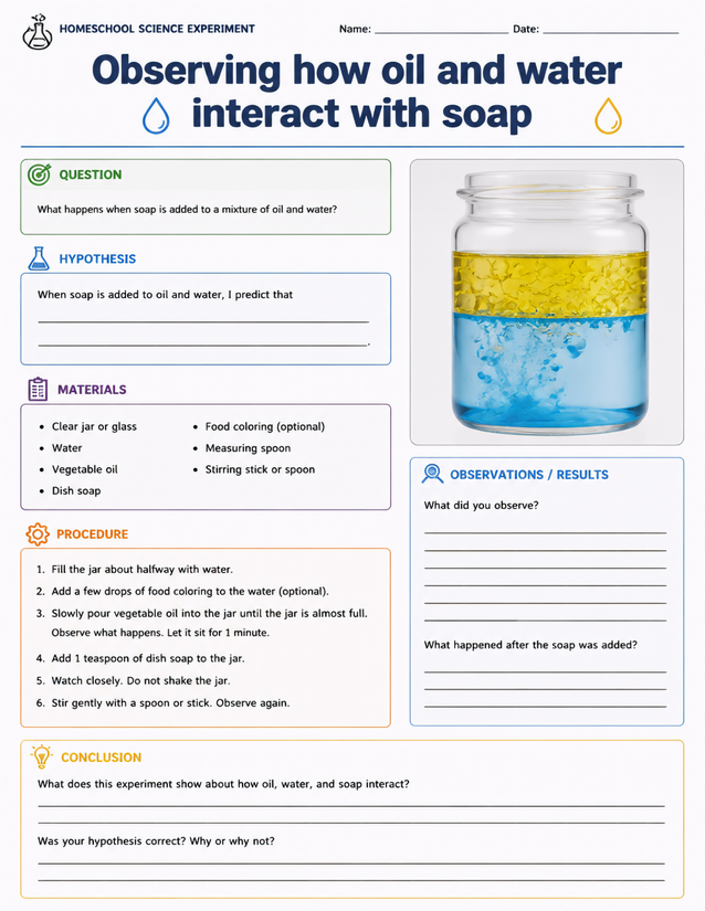 Oil and Water Interact with Soap Experiment Lab Sheet