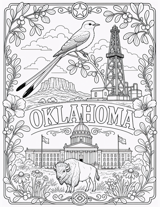 Oklahoma Coloring Page, Scissor-Tail, Bison, and Oil Derrick