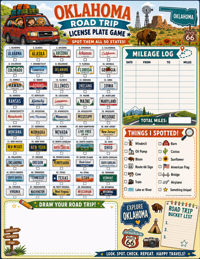 Oklahoma License Plate Game Printable, All 50 States Plus Mileage Log