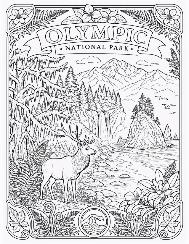 Olympic National Park Coloring Page, Elk and Coastal Sea Stacks
