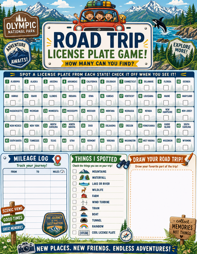 Olympic National Park Road Trip License Plate Game Printable, Four Activity Sections