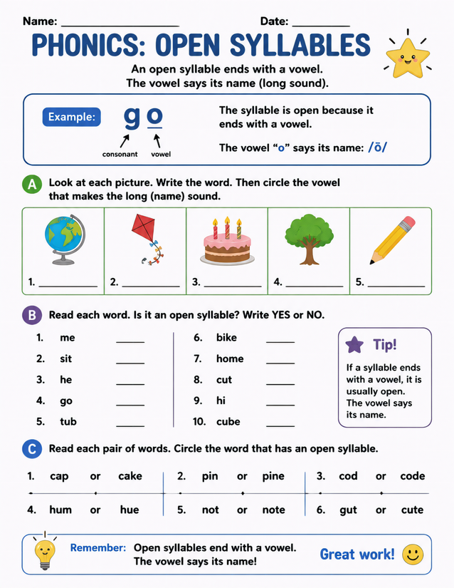 Open Syllables Worksheet, Three Activities for Long Vowel Practice