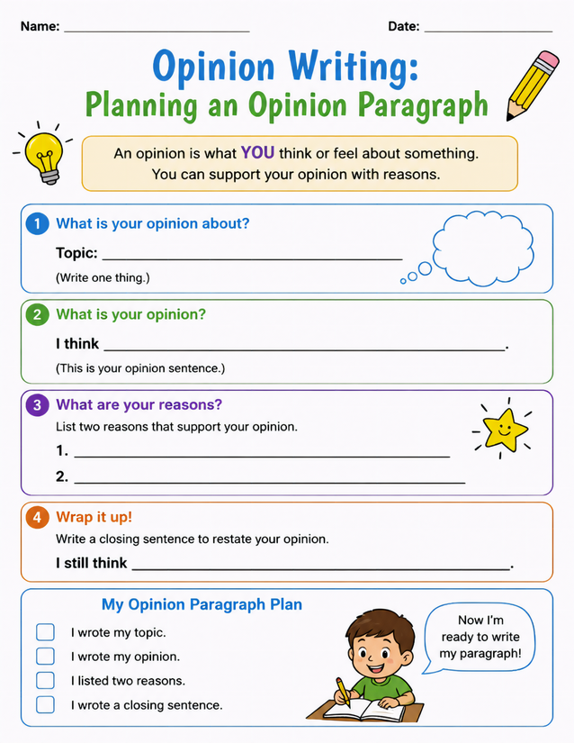 Opinion Writing Planning Worksheet, Step-by-Step Paragraph Planner