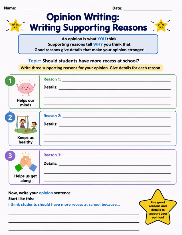 Opinion Writing Supporting Reasons Worksheet, Recess Topic