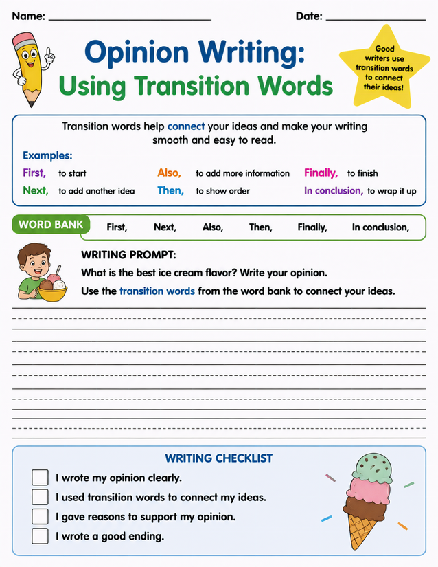 Opinion Writing Using Transition Words Worksheet, Ice Cream Prompt
