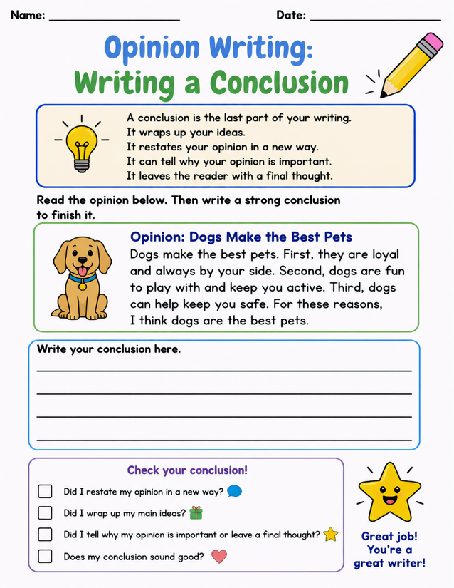 Opinion Writing Writing a Conclusion Worksheet, Dogs Example