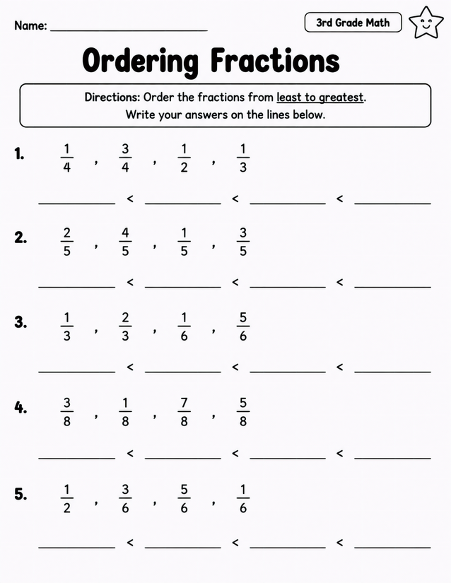 Ordering Fractions Least to Greatest Worksheet, 5 Problems