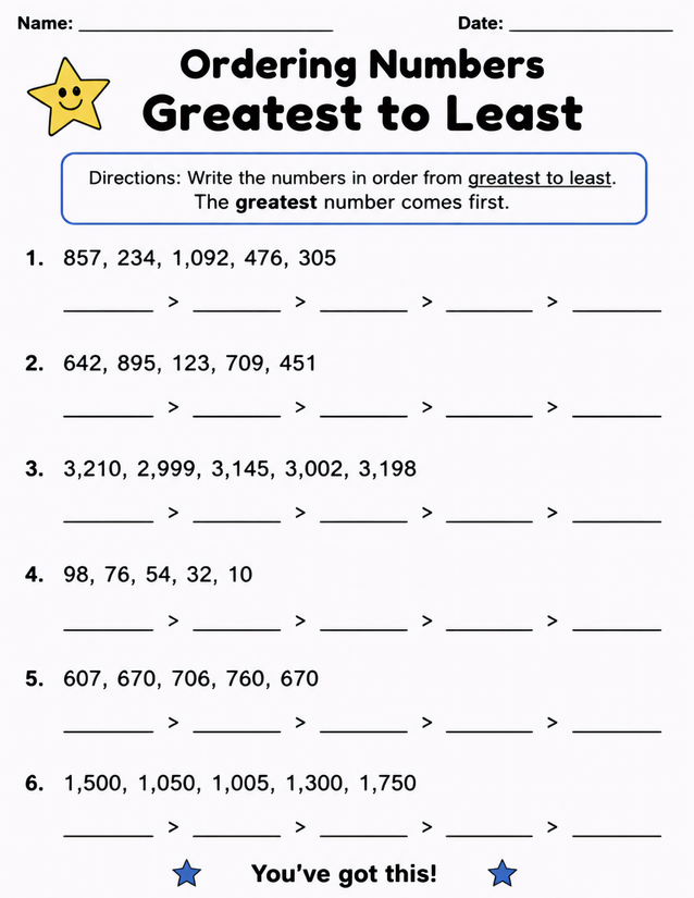 Ordering Numbers Greatest to Least, Six Problem Sets