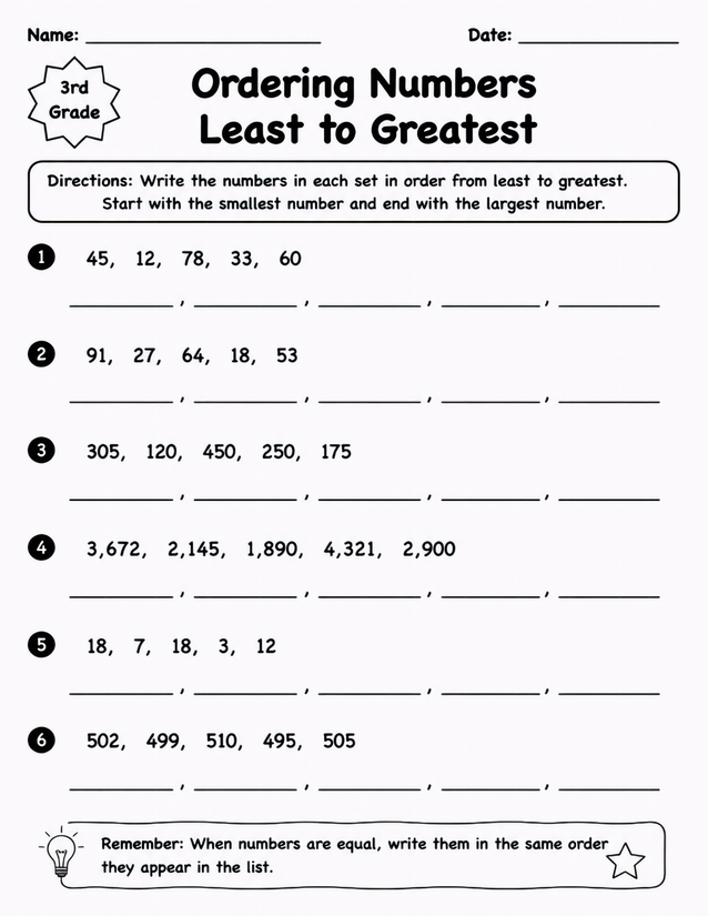 Ordering Numbers Least to Greatest, 3rd Grade Worksheet
