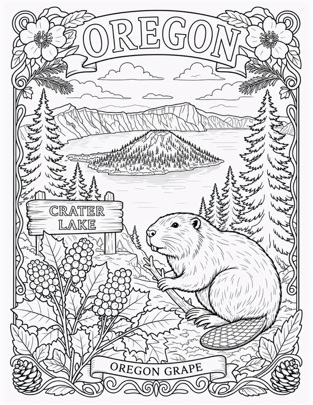 Oregon Coloring Page, Crater Lake, Beaver, and Oregon Grape