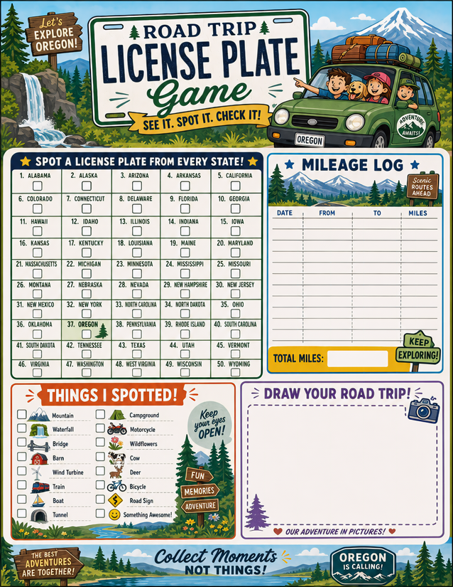 Oregon License Plate Game Printable, Mileage Log and Sightings Checklist